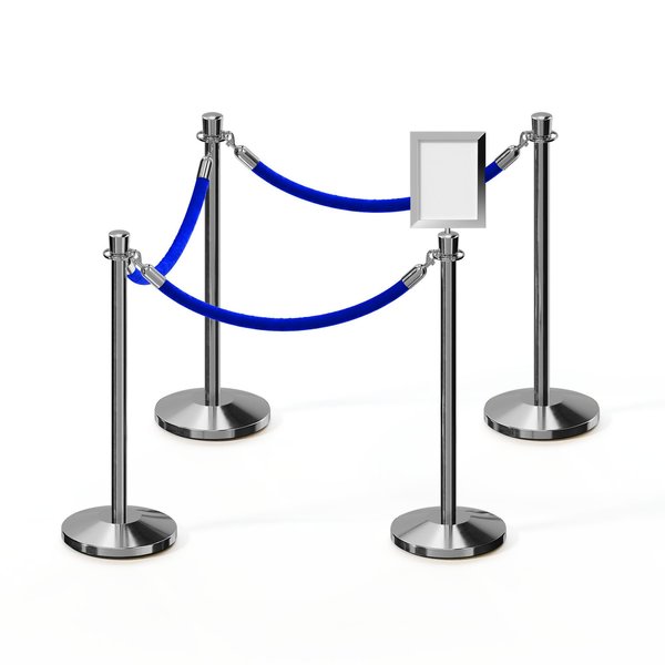 Montour Line Stanchion Post & Rope Kit Pol.Steel, 4CrownTop 3Blue Rope 8.5x11V Sign C-Kit-3-PS-CN-1-Tapped-1-8511-V-3-PVR-BL-PS